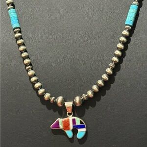 Vintage Sterling Silver Navajo Pearls Turquoise Fetish Bear Pendant Necklace
